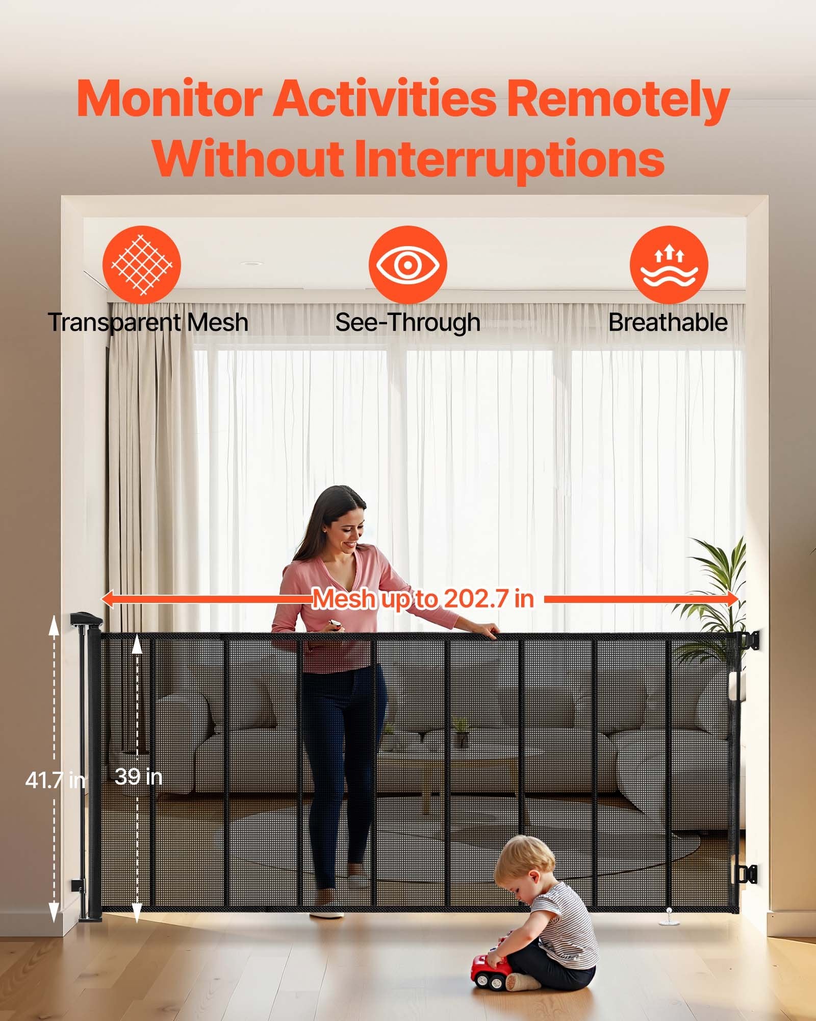 Retractable Baby and Pet Safety Gate, Extra Wide 202.7" x 39" Tall, Reinforced Fiberglass Mesh for Indoor/Outdoor Use, Ideal for Decks, Doorways, Garages, Black