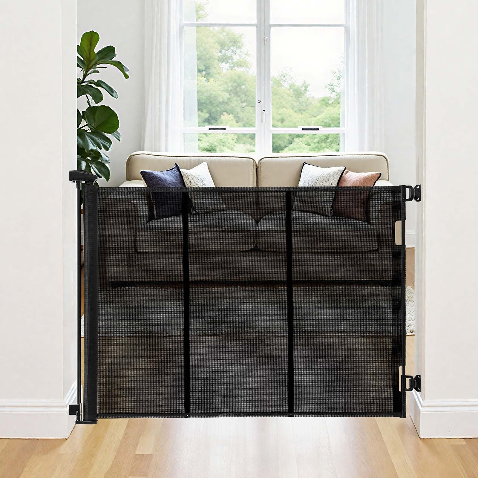 Retractable Baby and Pet Safety Gate, Extra Wide 202.7" x 39" Tall, Reinforced Fiberglass Mesh for Indoor/Outdoor Use, Ideal for Decks, Doorways, Garages, Black