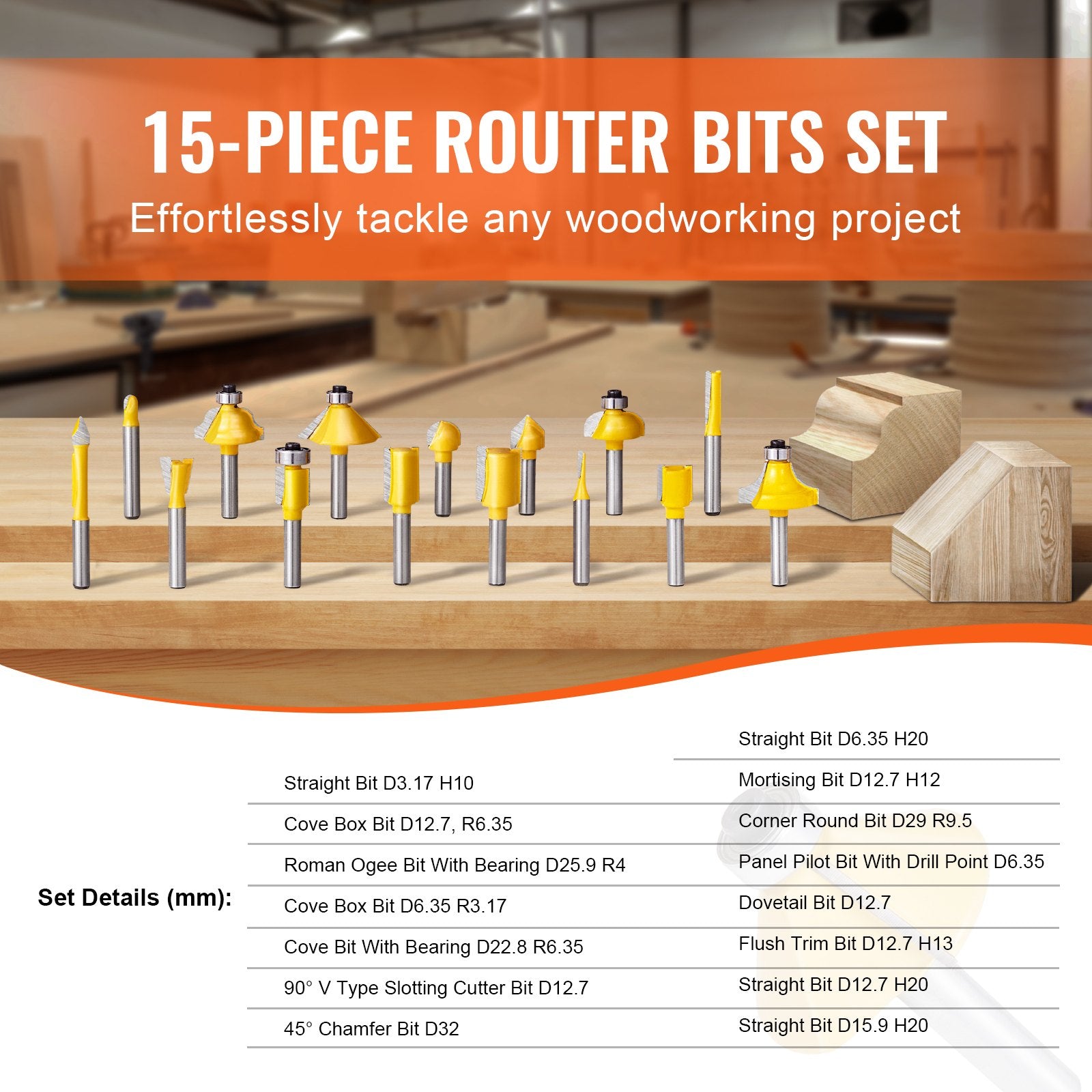 15-Piece Carbide Router Bits Set with 1/4" Shank, Woodworking Kit in Plastic Case for Wood, MDF, Plywood & Particle Board Crafting