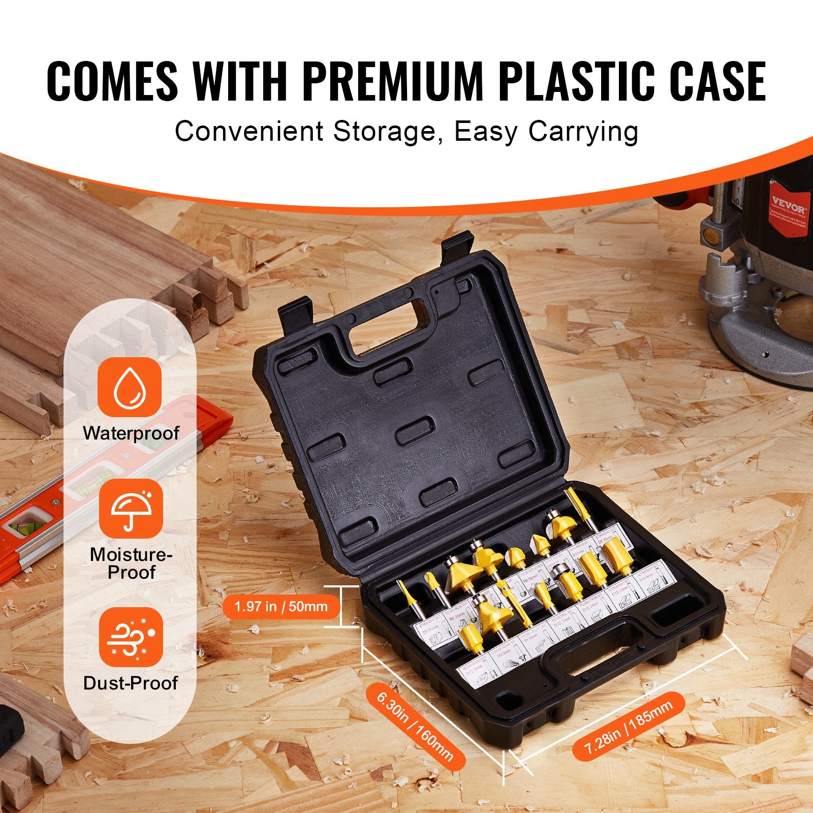 15-Piece Carbide Router Bits Set with 1/4" Shank, Woodworking Kit in Plastic Case for Wood, MDF, Plywood & Particle Board Crafting