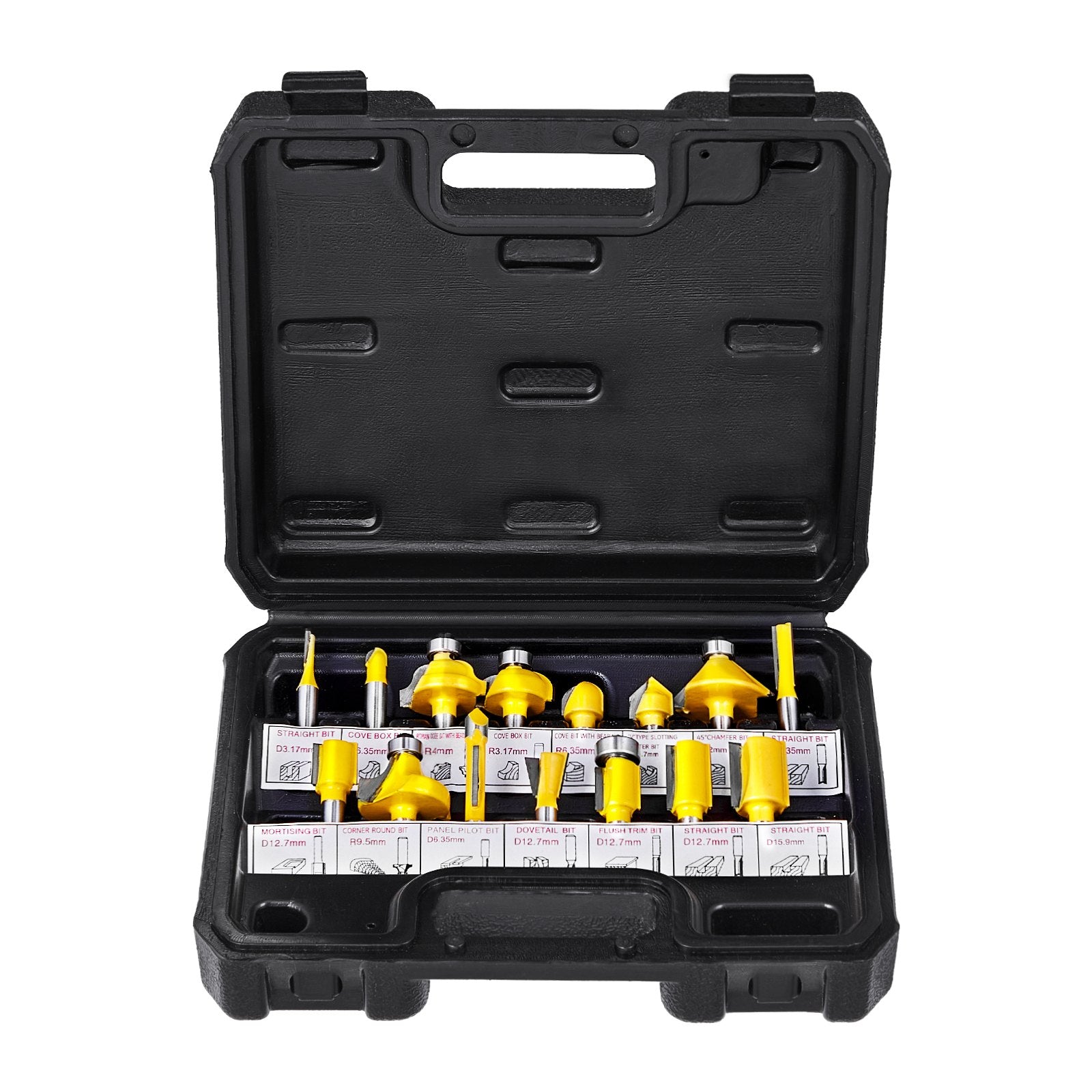 15-Piece Carbide Router Bits Set with 1/4" Shank, Woodworking Kit in Plastic Case for Wood, MDF, Plywood & Particle Board Crafting