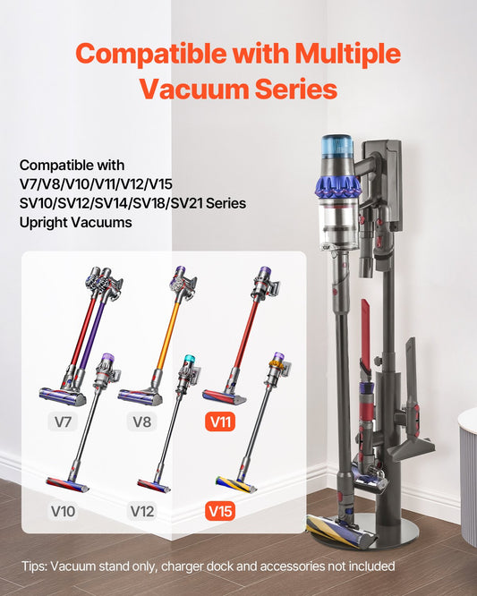 Universal Vacuum Stand for Dyson Models V7-V15 & SV Series, Sturdy Adjustable Holder with 3 Clips for Accessories, Space-Saving Organizer