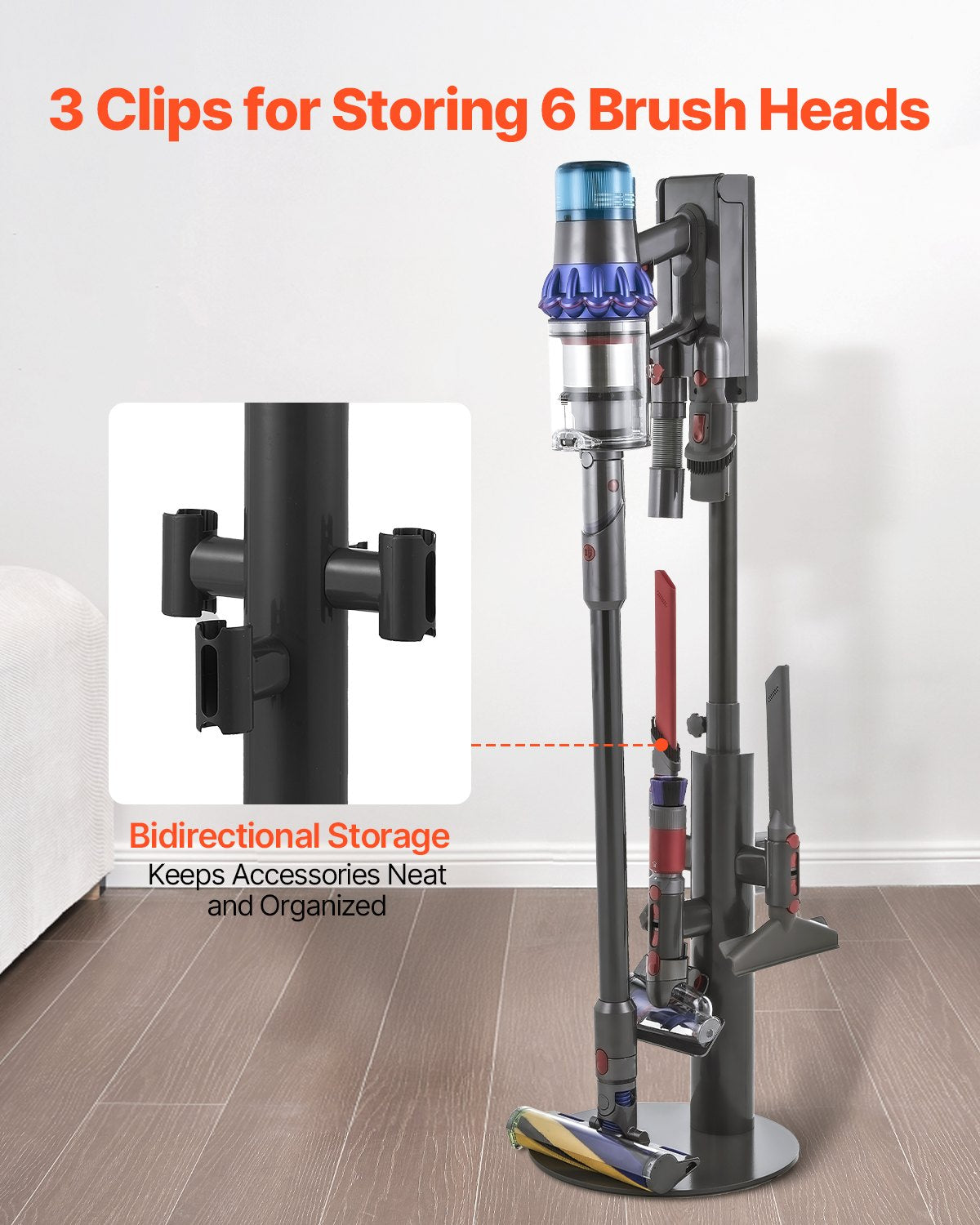 Universal Vacuum Stand for Dyson Models V7-V15 & SV Series, Sturdy Adjustable Holder with 3 Clips for Accessories, Space-Saving Organizer