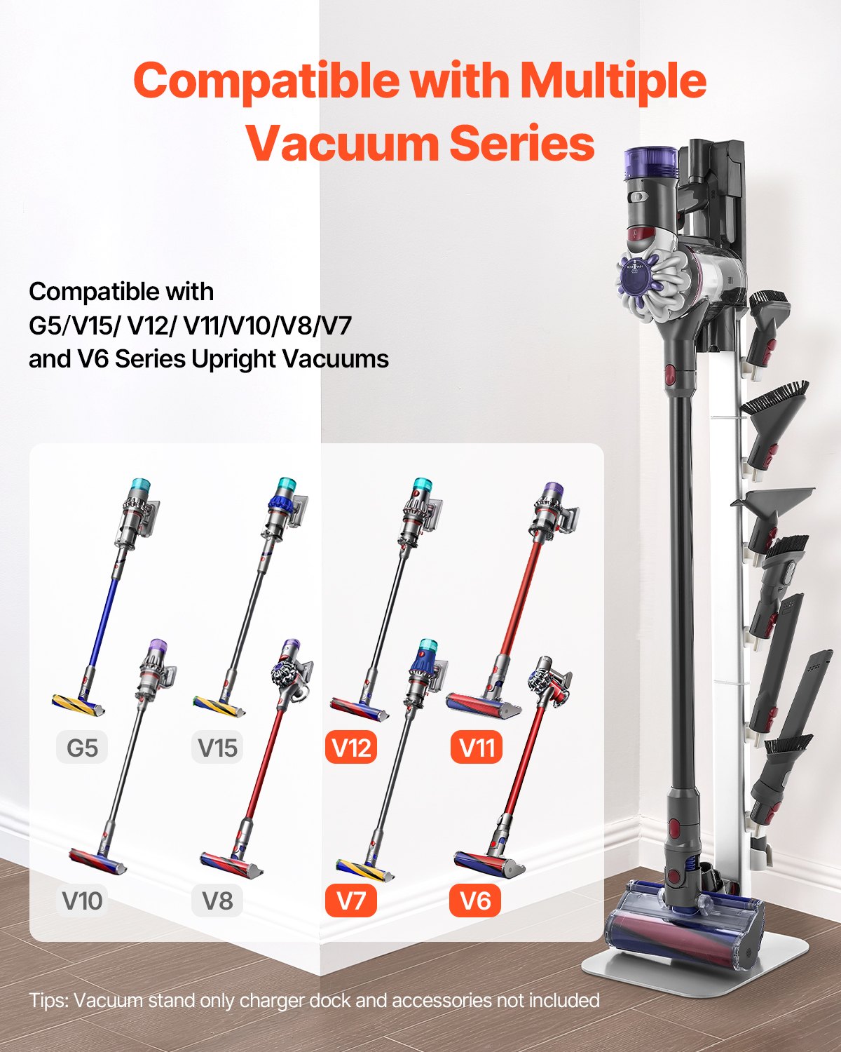 Universal Vacuum Stand Holder for Dyson G5-V6 Series, Stable Organizer with 6 Hooks, Non-slip Footpads, Space-saving Design in Gray