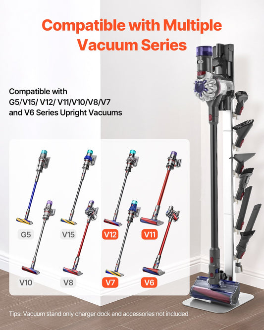 Universal Vacuum Stand Holder for Dyson G5-V6 Series, Stable Organizer with 6 Hooks, Non-slip Footpads, Space-saving Design in Gray