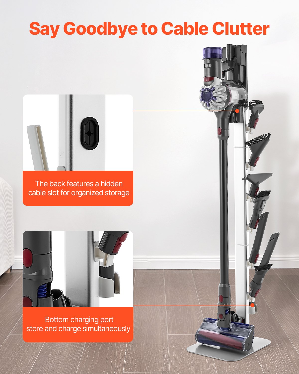 Universal Vacuum Stand Holder for Dyson G5-V6 Series, Stable Organizer with 6 Hooks, Non-slip Footpads, Space-saving Design in Gray