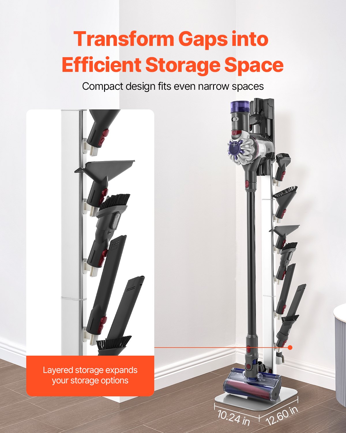 Universal Vacuum Stand Holder for Dyson G5-V6 Series, Stable Organizer with 6 Hooks, Non-slip Footpads, Space-saving Design in Gray