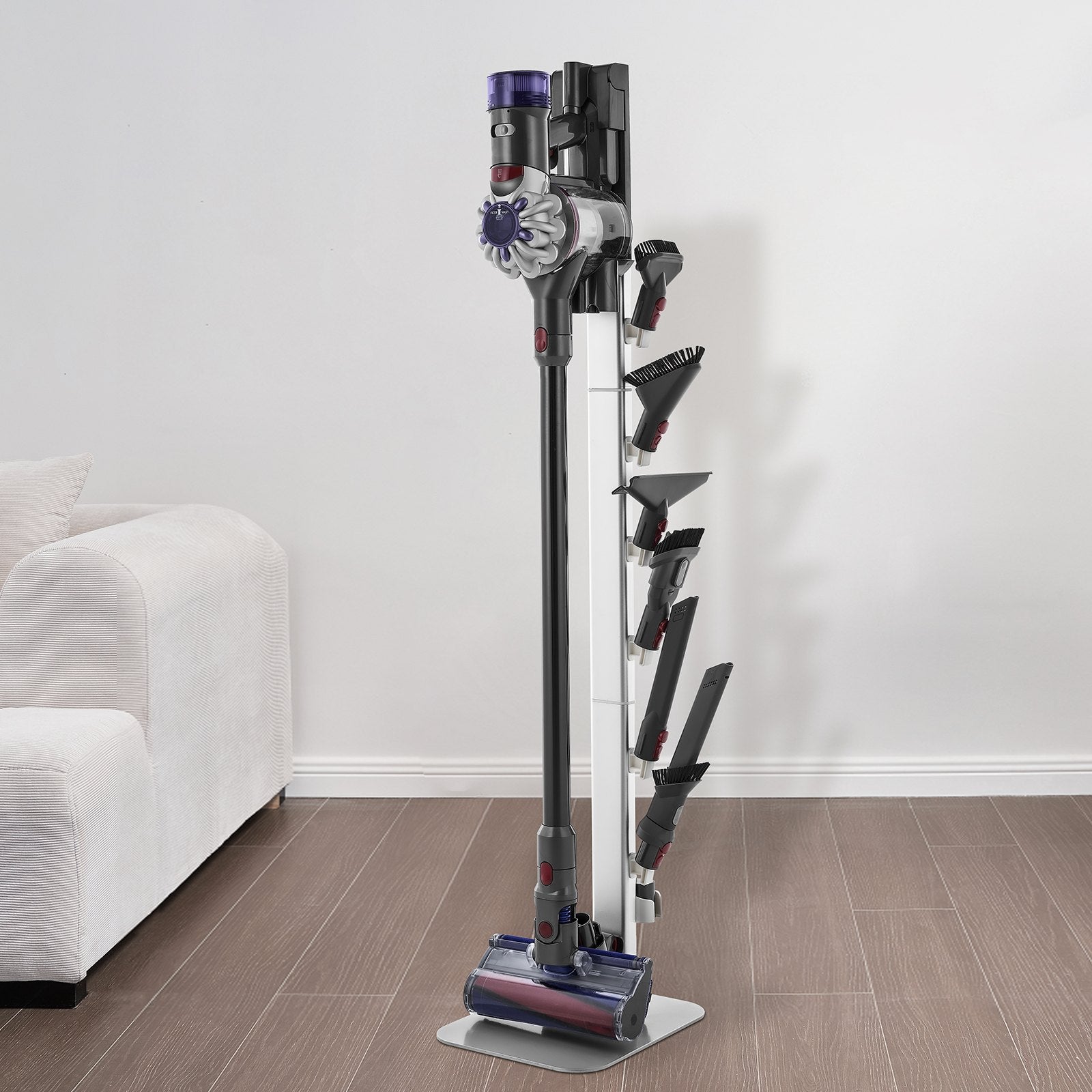 Universal Vacuum Stand Holder for Dyson G5-V6 Series, Stable Organizer with 6 Hooks, Non-slip Footpads, Space-saving Design in Gray
