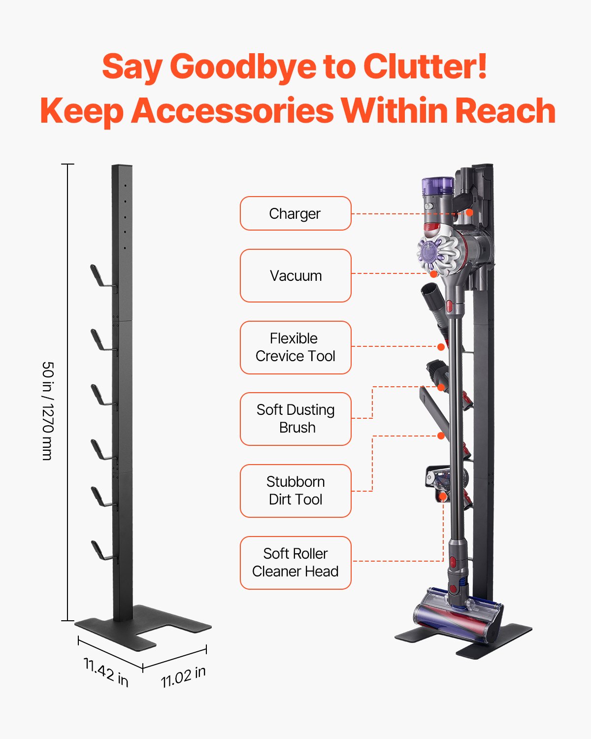 Universal Vacuum Stand Holder for Dyson V6-V15, Stable Storage Solution with 6 Hooks for Cordless Upright Vacuum Accessories, Black Steel