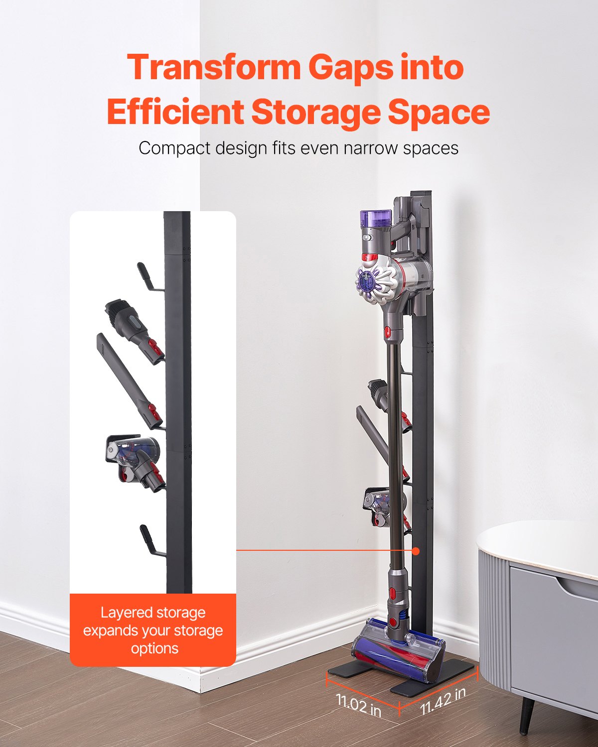 Universal Vacuum Stand Holder for Dyson V6-V15, Stable Storage Solution with 6 Hooks for Cordless Upright Vacuum Accessories, Black Steel