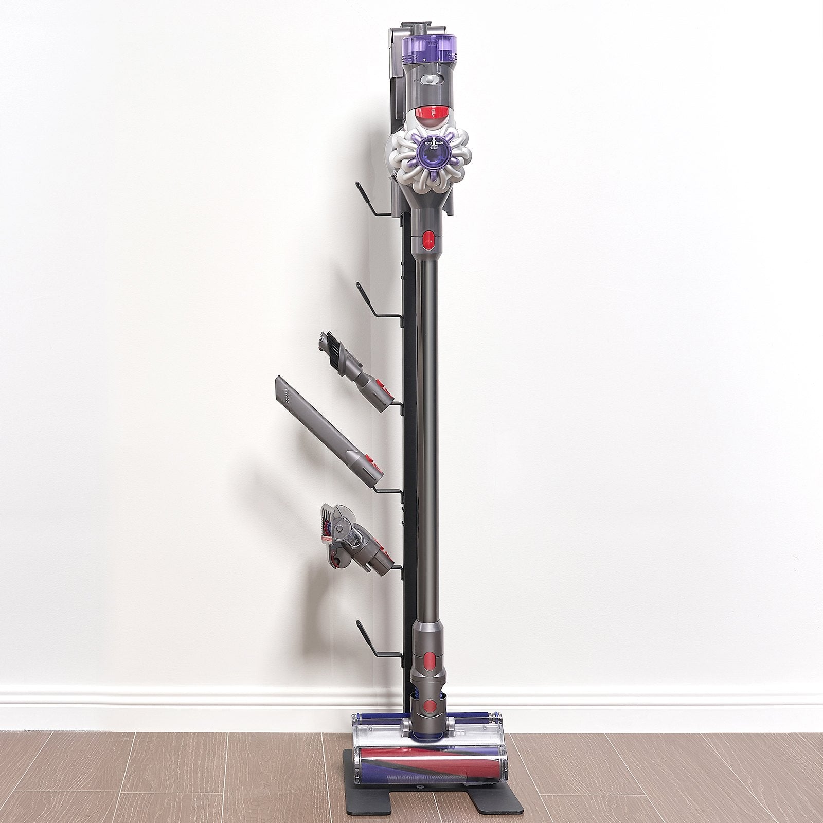 Universal Vacuum Stand Holder for Dyson V6-V15, Stable Storage Solution with 6 Hooks for Cordless Upright Vacuum Accessories, Black Steel