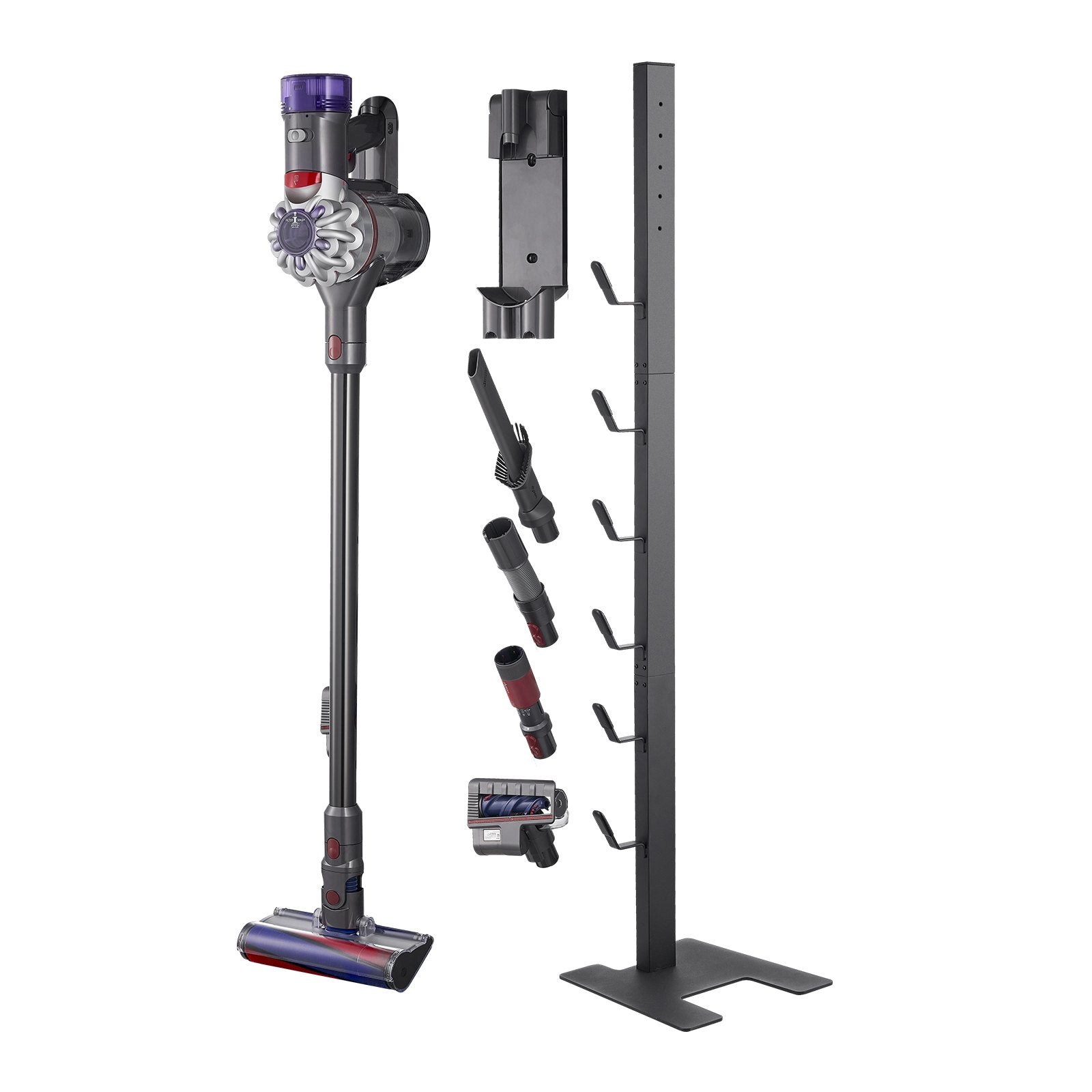 Universal Vacuum Stand Holder for Dyson V6-V15, Stable Storage Solution with 6 Hooks for Cordless Upright Vacuum Accessories, Black Steel
