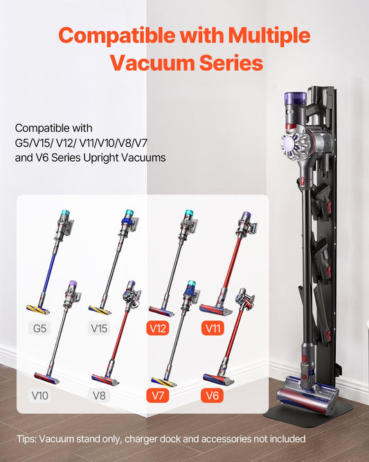 Robust Black Vacuum Stand Holder with 6 Hooks for Dyson G5 to V6 Series, Non-Slip Footpads, Space-Saving Organizer for Upright Vacuums
