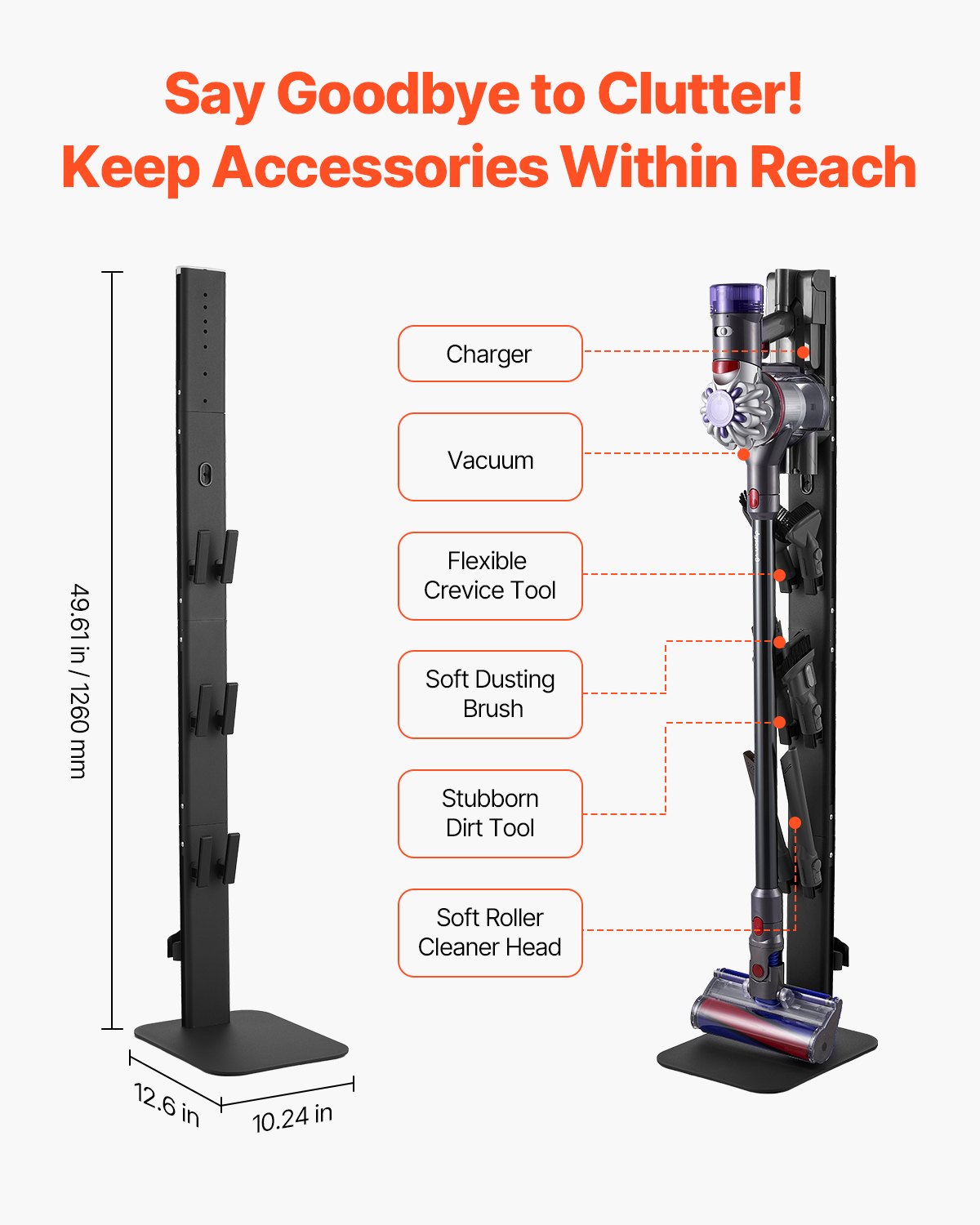Robust Black Vacuum Stand Holder with 6 Hooks for Dyson G5 to V6 Series, Non-Slip Footpads, Space-Saving Organizer for Upright Vacuums