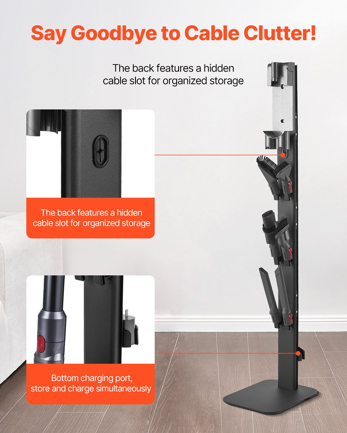 Robust Black Vacuum Stand Holder with 6 Hooks for Dyson G5 to V6 Series, Non-Slip Footpads, Space-Saving Organizer for Upright Vacuums