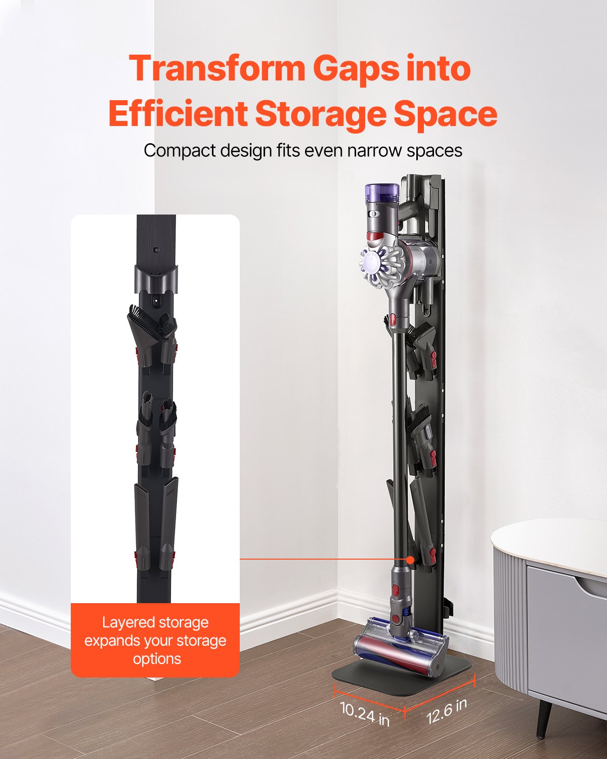 Robust Black Vacuum Stand Holder with 6 Hooks for Dyson G5 to V6 Series, Non-Slip Footpads, Space-Saving Organizer for Upright Vacuums