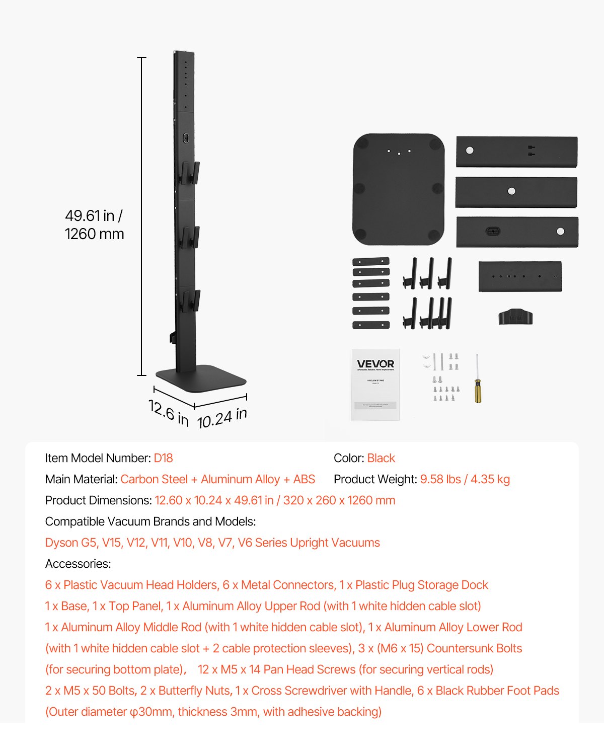 Robust Black Vacuum Stand Holder with 6 Hooks for Dyson G5 to V6 Series, Non-Slip Footpads, Space-Saving Organizer for Upright Vacuums
