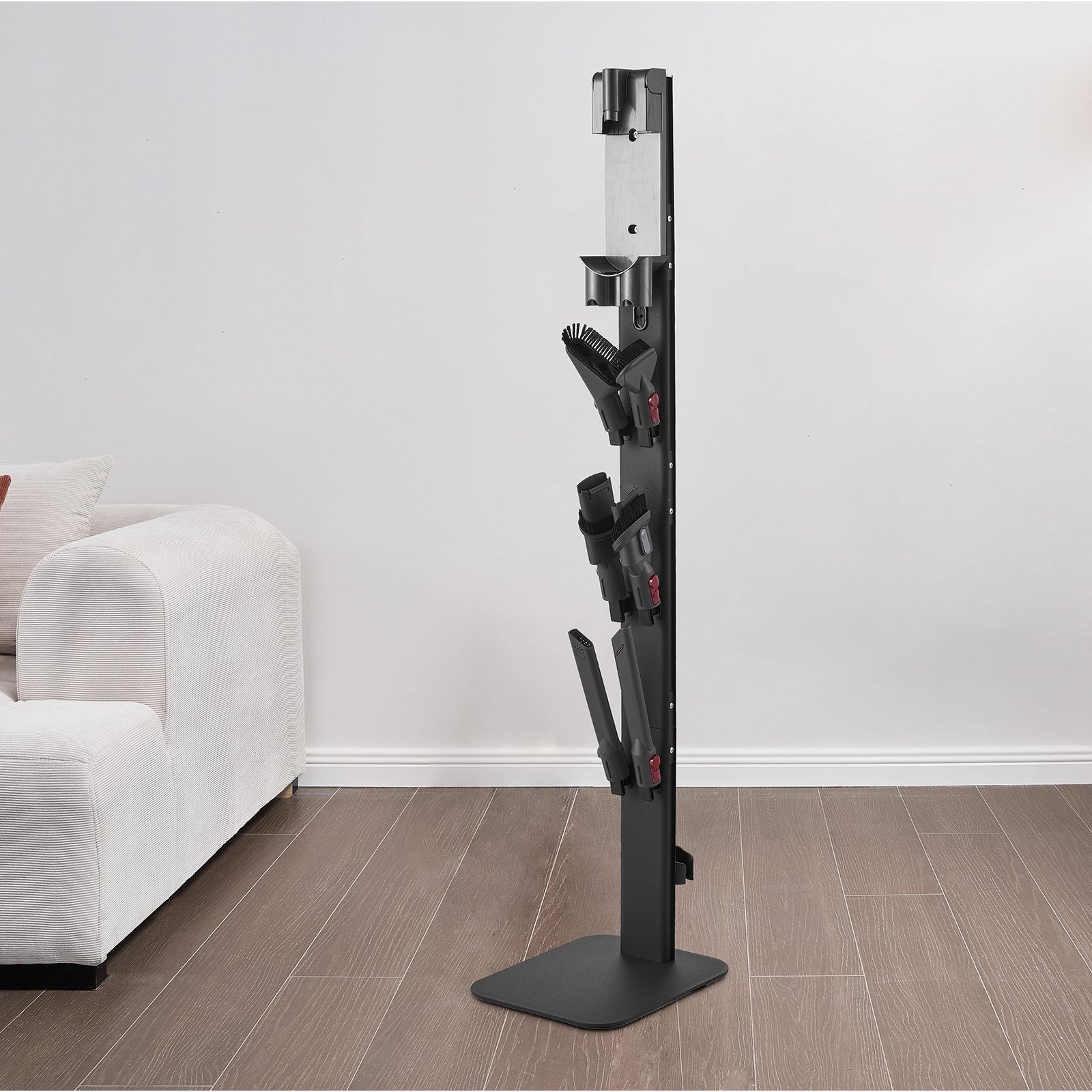 Robust Black Vacuum Stand Holder with 6 Hooks for Dyson G5 to V6 Series, Non-Slip Footpads, Space-Saving Organizer for Upright Vacuums