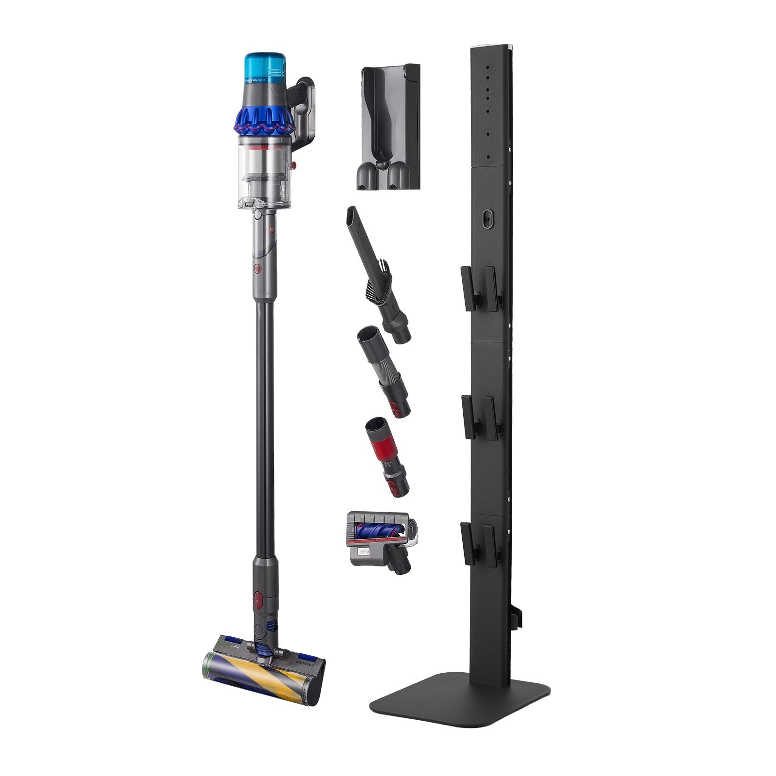 Robust Black Vacuum Stand Holder with 6 Hooks for Dyson G5 to V6 Series, Non-Slip Footpads, Space-Saving Organizer for Upright Vacuums
