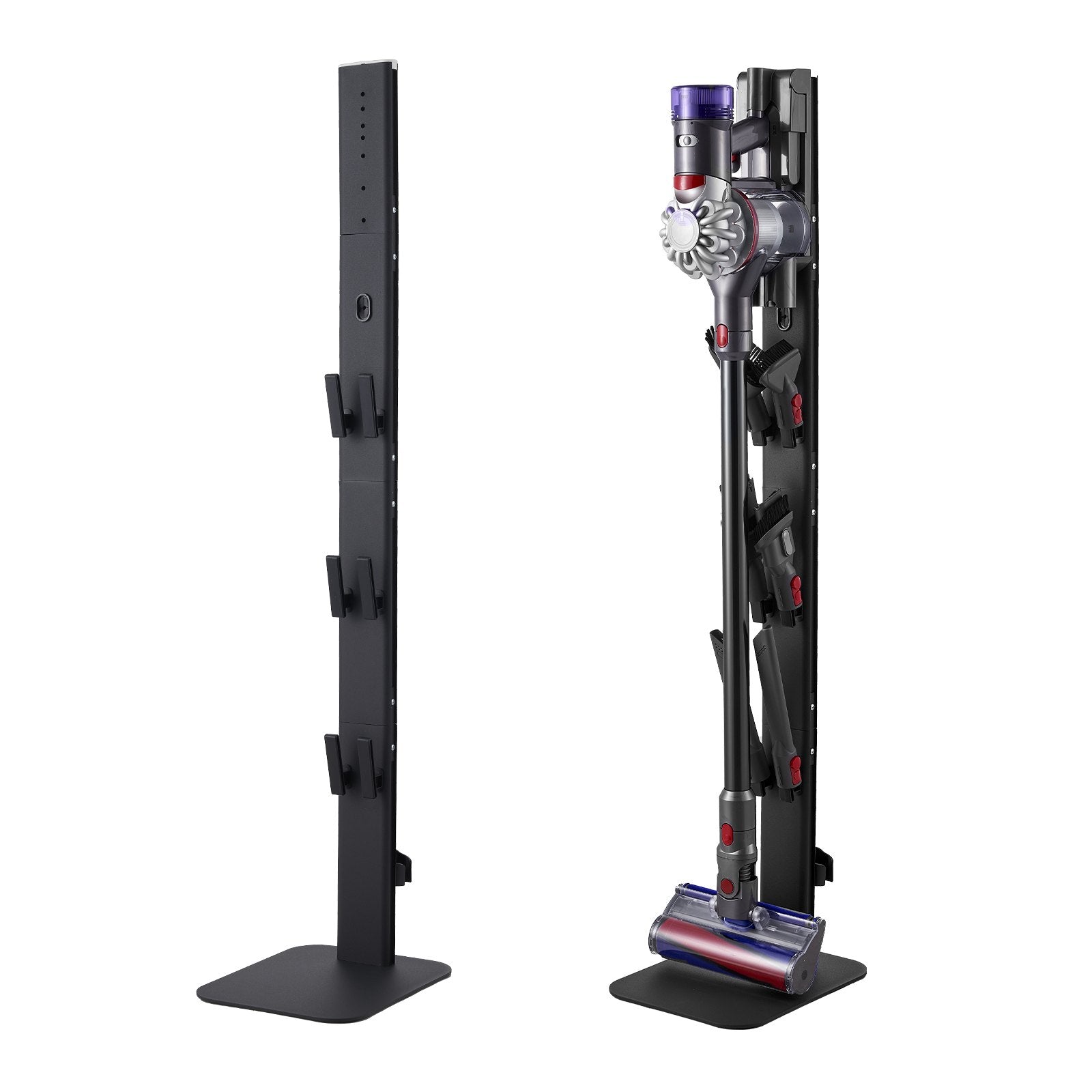 Robust Black Vacuum Stand Holder with 6 Hooks for Dyson G5 to V6 Series, Non-Slip Footpads, Space-Saving Organizer for Upright Vacuums