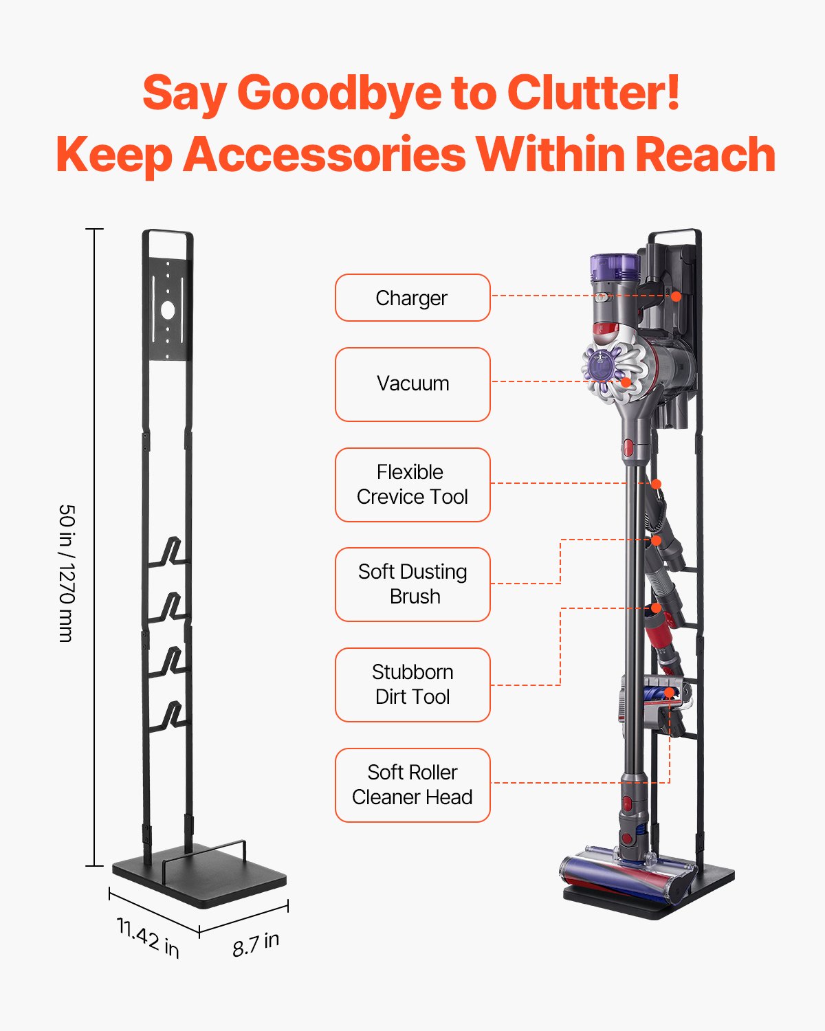 Sturdy Dyson Vacuum Stand Holder with 4 Hooks - Compatible with V6 V7 V8 V10 V11 V15 & DC Series for Cordless Upright Cleaners and Accessories, Space-Saving Black SPCC Steel Organizer