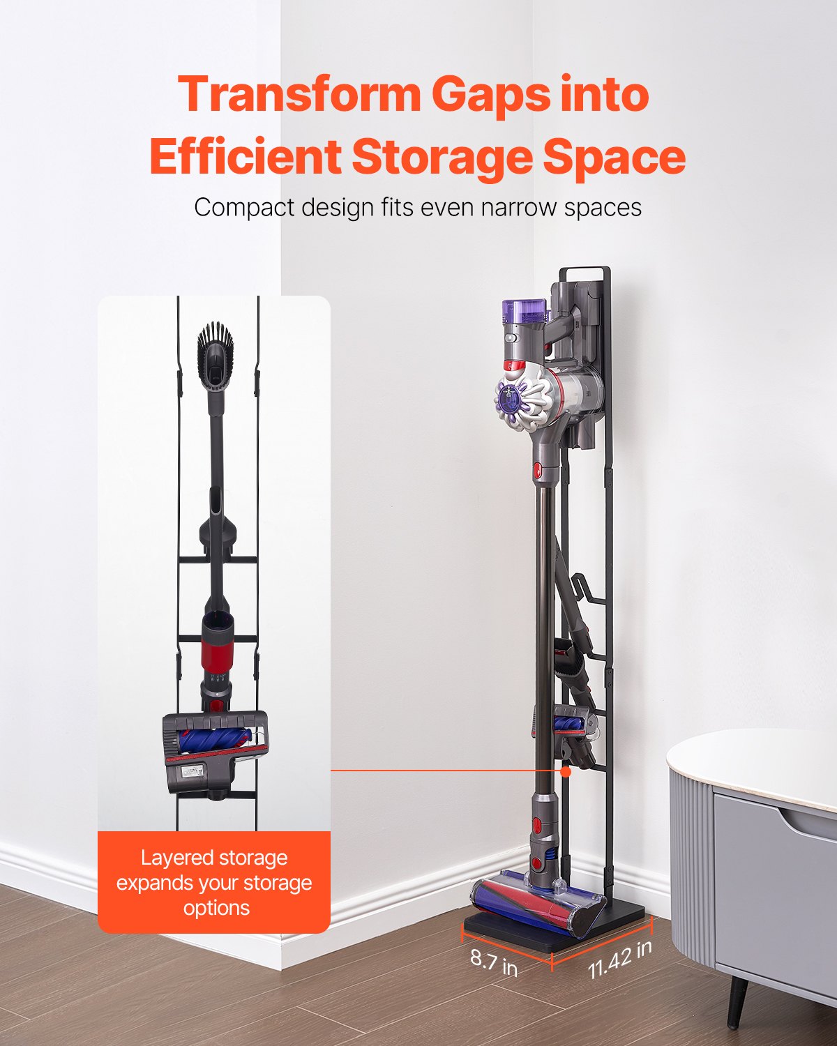 Sturdy Dyson Vacuum Stand Holder with 4 Hooks - Compatible with V6 V7 V8 V10 V11 V15 & DC Series for Cordless Upright Cleaners and Accessories, Space-Saving Black SPCC Steel Organizer