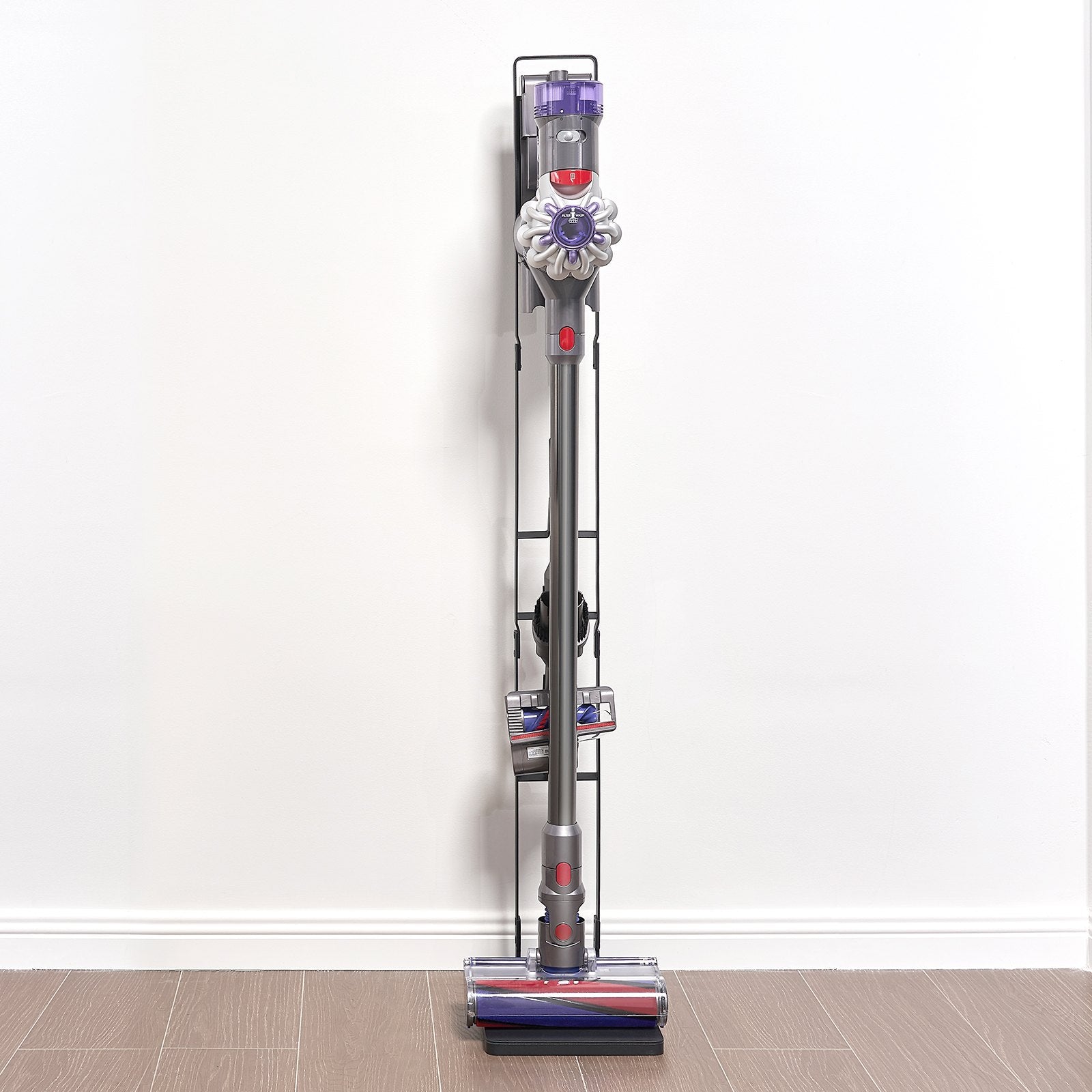 Sturdy Dyson Vacuum Stand Holder with 4 Hooks - Compatible with V6 V7 V8 V10 V11 V15 & DC Series for Cordless Upright Cleaners and Accessories, Space-Saving Black SPCC Steel Organizer
