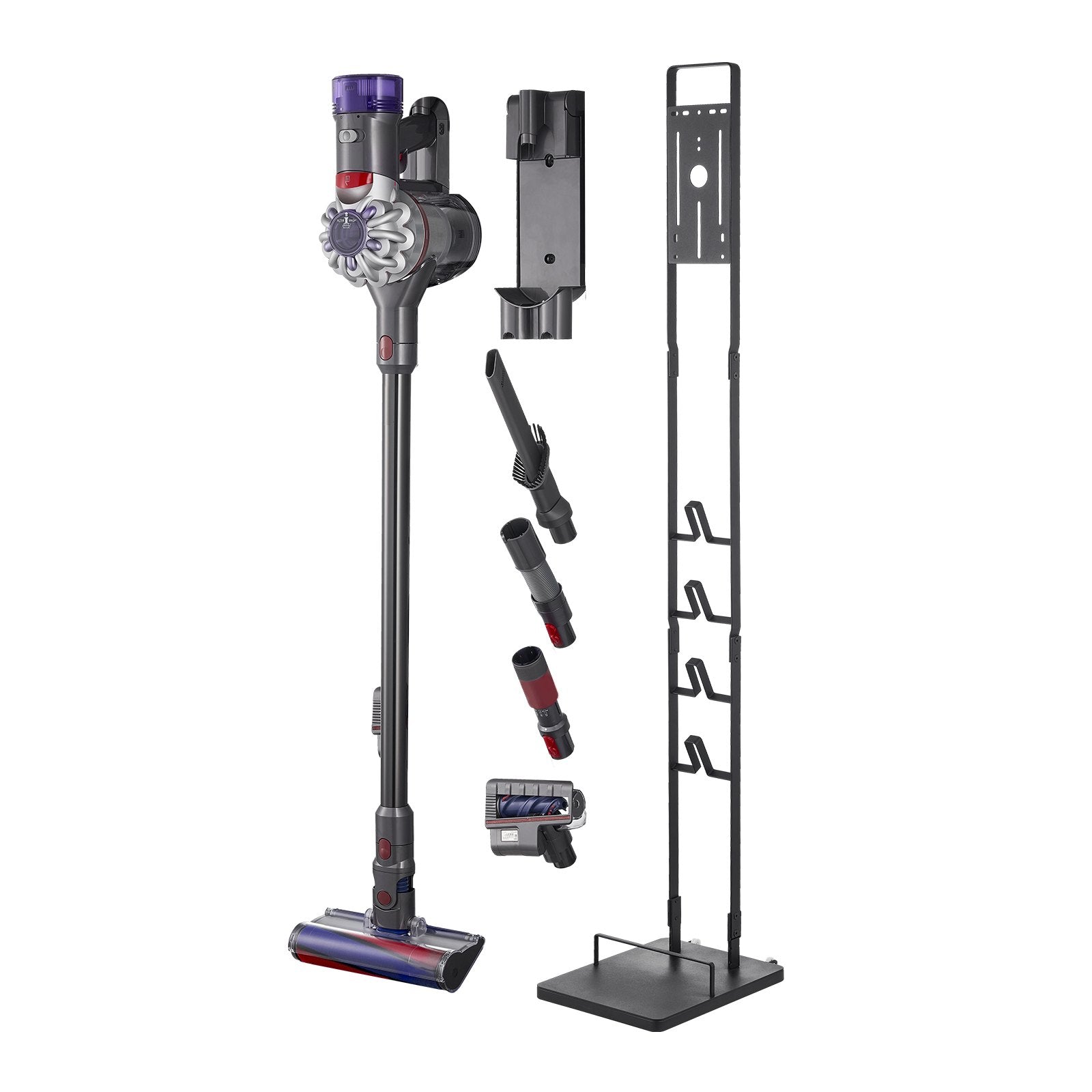 Sturdy Dyson Vacuum Stand Holder with 4 Hooks - Compatible with V6 V7 V8 V10 V11 V15 & DC Series for Cordless Upright Cleaners and Accessories, Space-Saving Black SPCC Steel Organizer