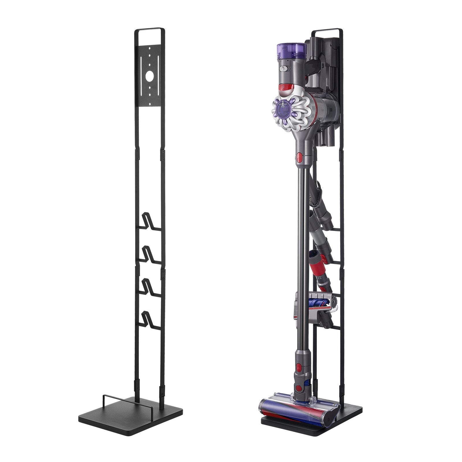Sturdy Dyson Vacuum Stand Holder with 4 Hooks - Compatible with V6 V7 V8 V10 V11 V15 & DC Series for Cordless Upright Cleaners and Accessories, Space-Saving Black SPCC Steel Organizer