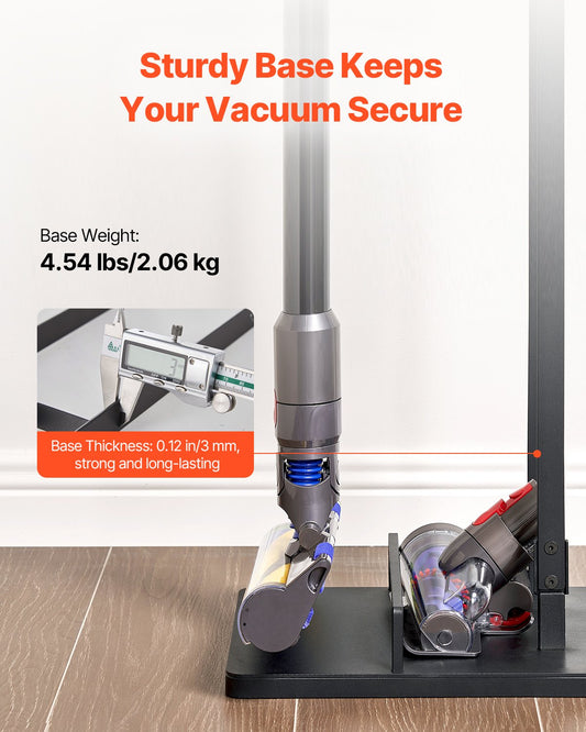 Versatile Vacuum Stand Holder with Wheels, Compatible with Dyson Models V6-V15, DC30-DC74 for Cordless Upright Cleaners – Space-Saving, Easy Assembly, Black Steel Construction