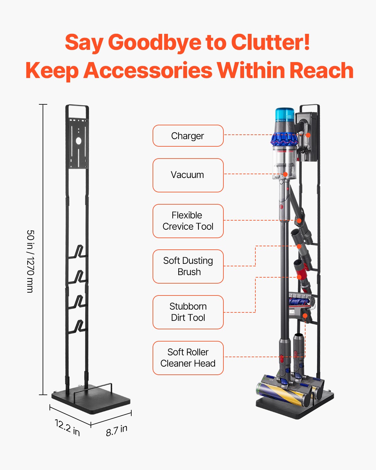 Versatile Vacuum Stand Holder with Wheels, Compatible with Dyson Models V6-V15, DC30-DC74 for Cordless Upright Cleaners – Space-Saving, Easy Assembly, Black Steel Construction