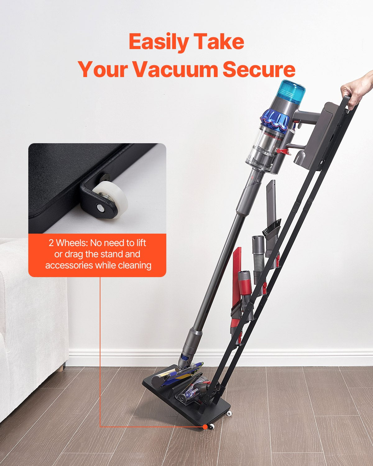 Versatile Vacuum Stand Holder with Wheels, Compatible with Dyson Models V6-V15, DC30-DC74 for Cordless Upright Cleaners – Space-Saving, Easy Assembly, Black Steel Construction