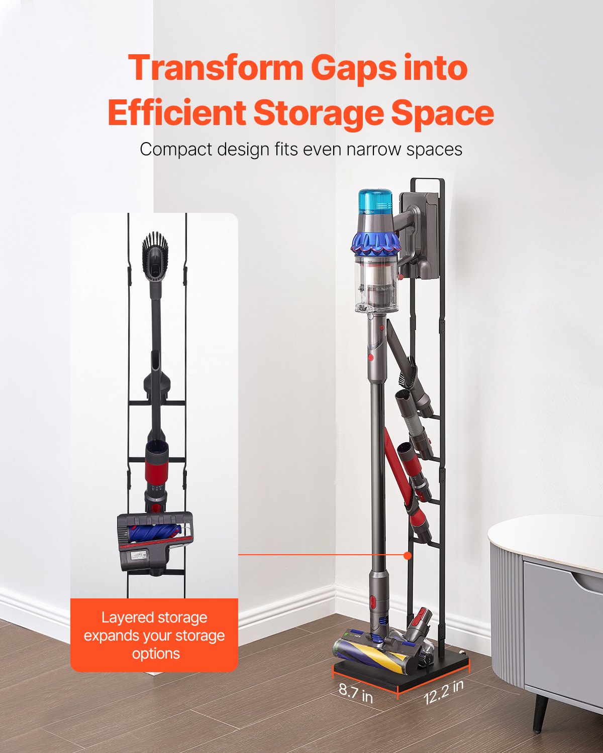 Versatile Vacuum Stand Holder with Wheels, Compatible with Dyson Models V6-V15, DC30-DC74 for Cordless Upright Cleaners – Space-Saving, Easy Assembly, Black Steel Construction