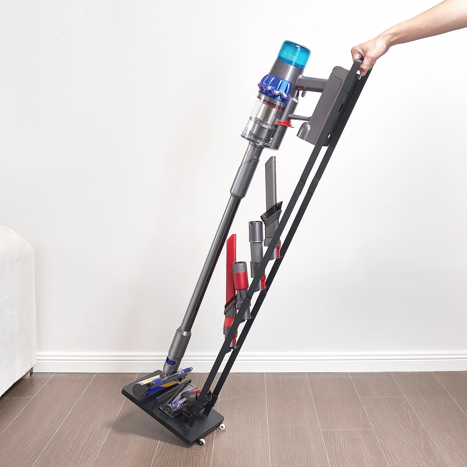 Versatile Vacuum Stand Holder with Wheels, Compatible with Dyson Models V6-V15, DC30-DC74 for Cordless Upright Cleaners – Space-Saving, Easy Assembly, Black Steel Construction