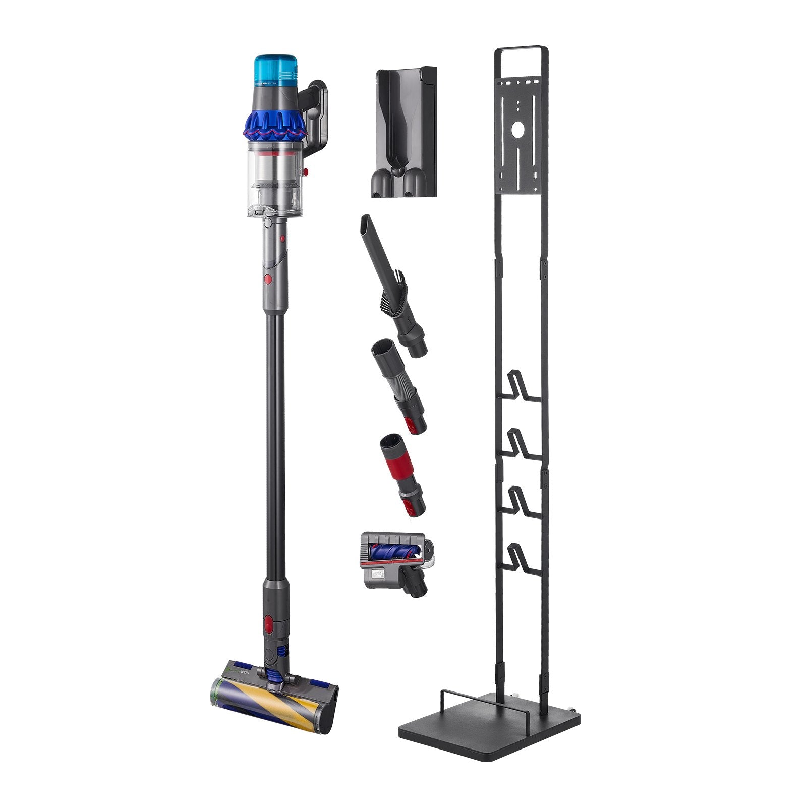 Versatile Vacuum Stand Holder with Wheels, Compatible with Dyson Models V6-V15, DC30-DC74 for Cordless Upright Cleaners – Space-Saving, Easy Assembly, Black Steel Construction