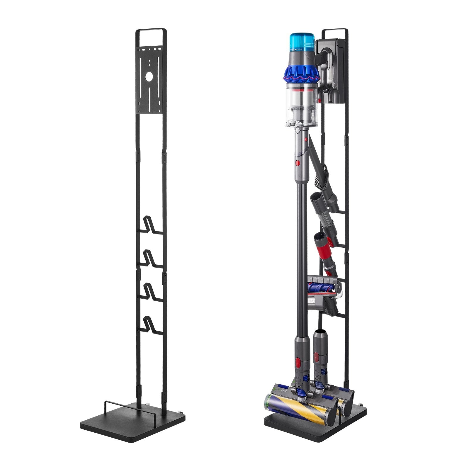 Versatile Vacuum Stand Holder with Wheels, Compatible with Dyson Models V6-V15, DC30-DC74 for Cordless Upright Cleaners – Space-Saving, Easy Assembly, Black Steel Construction