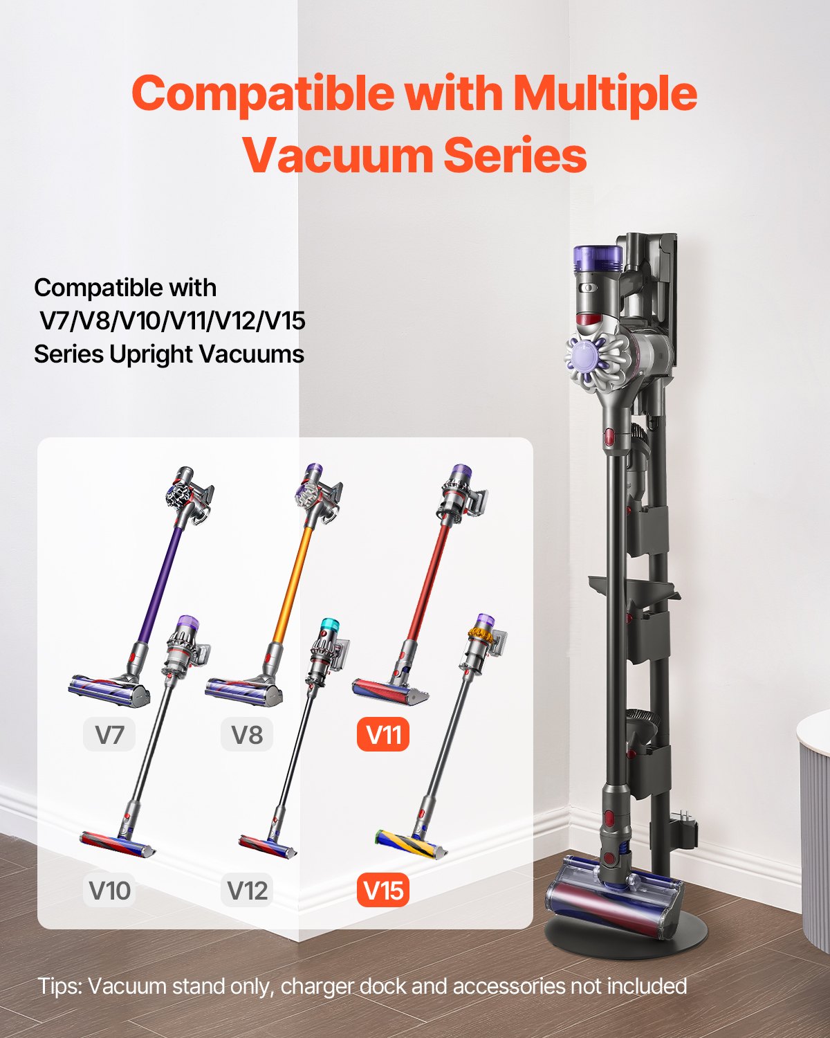 Stable Aluminum Alloy Vacuum Stand Holder for Dyson V7-V15 Series with Anti-Slip Pads and Clips for Accessories and Brush Storage