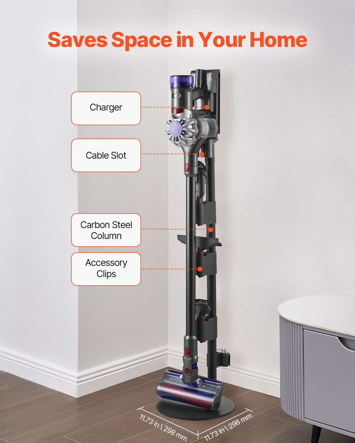 Stable Aluminum Alloy Vacuum Stand Holder for Dyson V7-V15 Series with Anti-Slip Pads and Clips for Accessories and Brush Storage