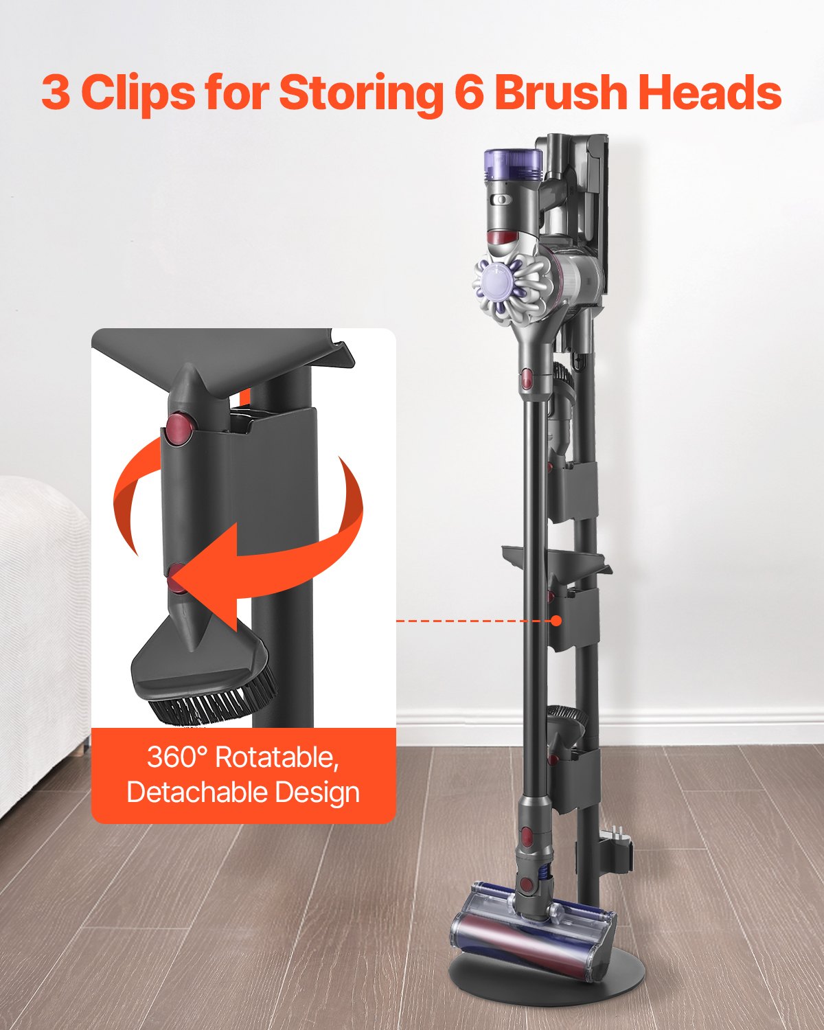 Stable Aluminum Alloy Vacuum Stand Holder for Dyson V7-V15 Series with Anti-Slip Pads and Clips for Accessories and Brush Storage