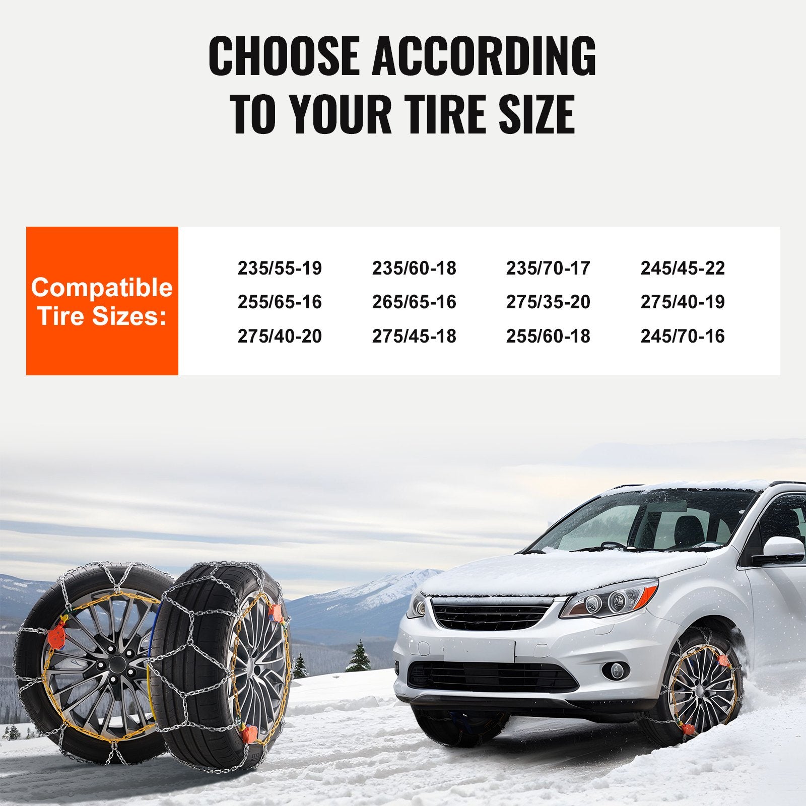 Auto Tightening Snow Chains, Manganese Alloy Steel Diamond Mesh Traction for Anti-Slip Safety, Fits Tires 255/65-16, 255/60-18, 235/55-19, 245/70-16, Easy Installation and Enhanced Grip for Secure Winter Driving (Set of 2)