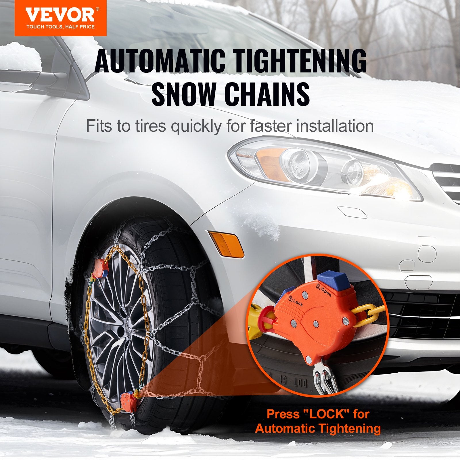 Auto Tightening Manganese Alloy Snow Chains for Cars, SUVs, Trucks – Enhanced Traction, Anti-Slip Diamond Mesh, Easy Install, Set of 2