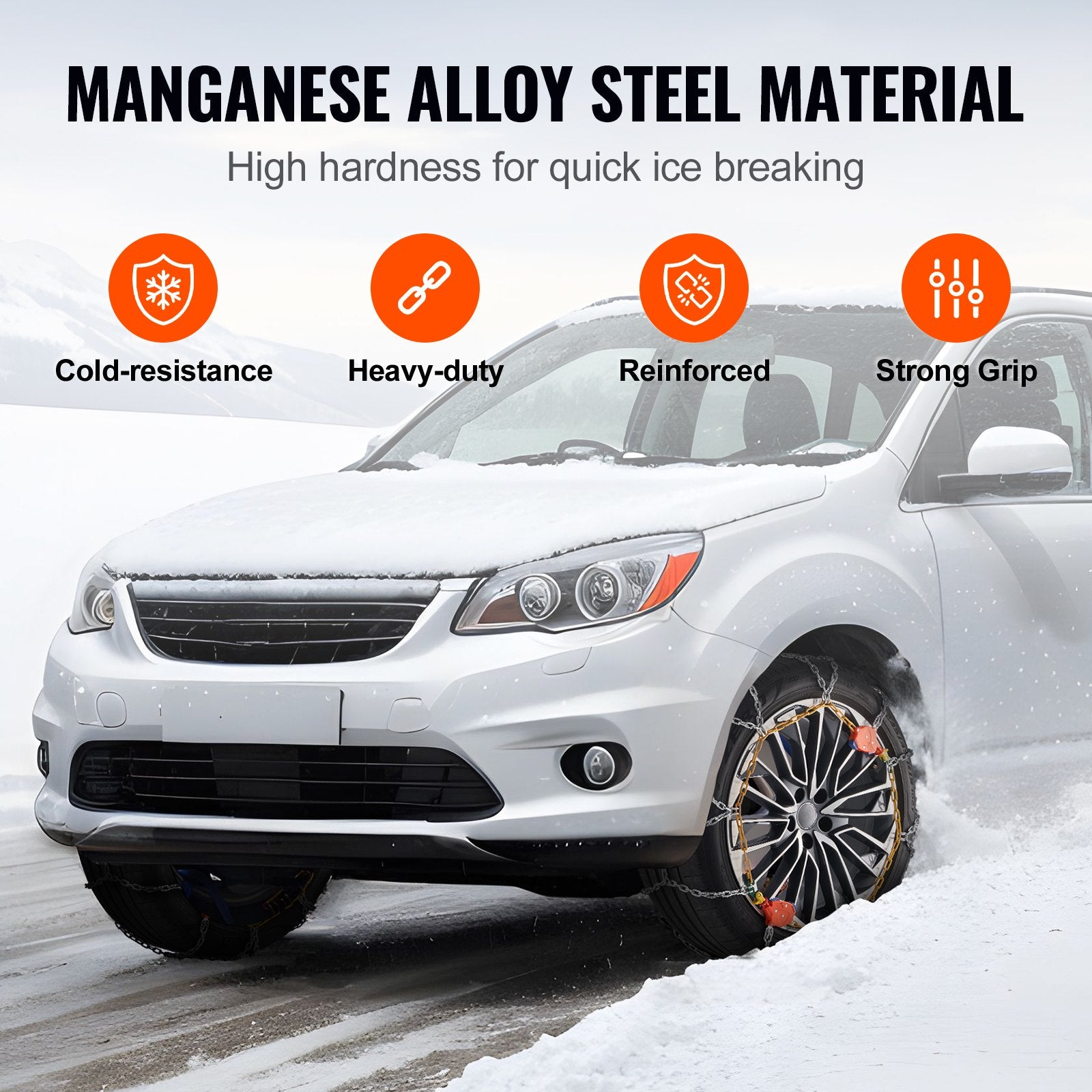 Auto Tightening Manganese Alloy Snow Chains for Cars, SUVs, Trucks – Enhanced Traction, Anti-Slip Diamond Mesh, Easy Install, Set of 2