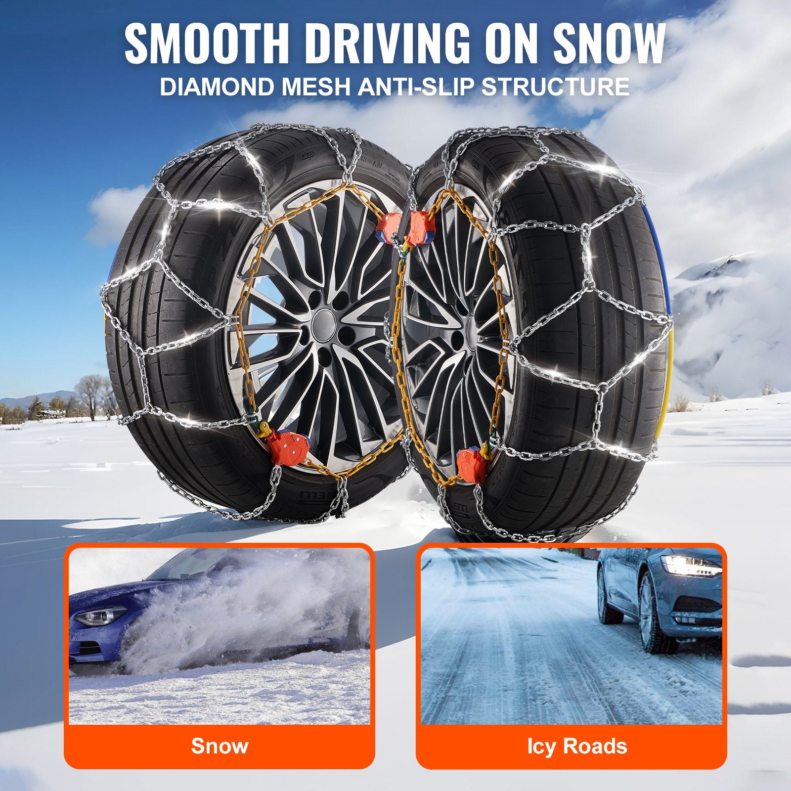 Auto Tightening Manganese Alloy Snow Chains for Cars, SUVs, Trucks – Enhanced Traction, Anti-Slip Diamond Mesh, Easy Install, Set of 2