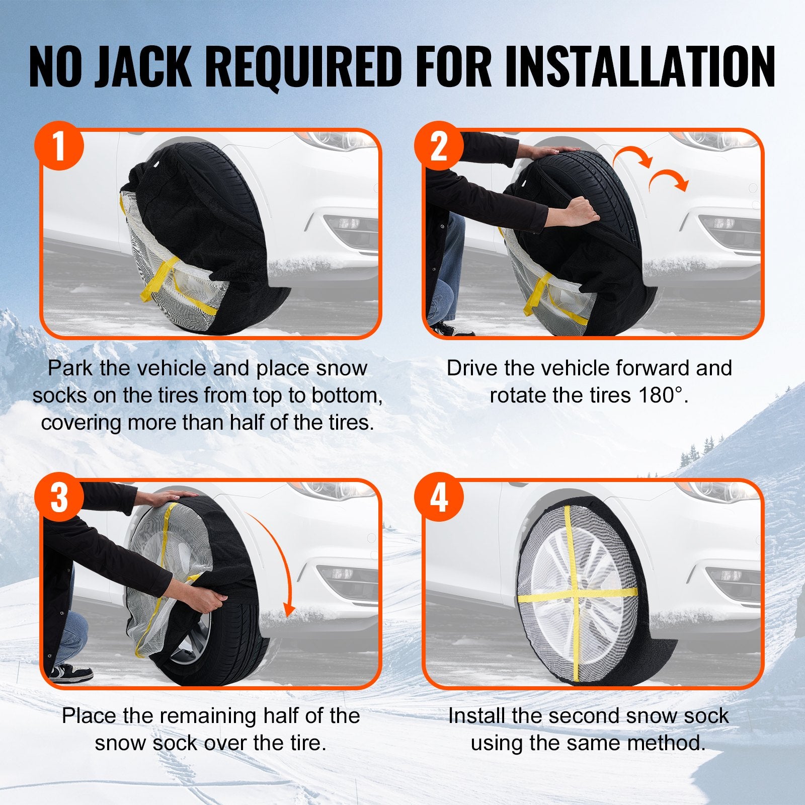 Enhanced Traction Snow Tire Socks - Full Coverage, Polyester Fiber, for Cars, SUVs, Pickups & Trucks, Easy Install, Large (2 Pack)