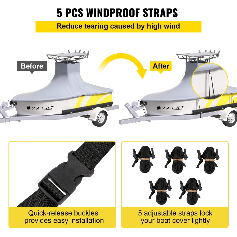 VEVOR T-Top Boat Cover, Fit for 16\'-18.5\' Boat, Heavy Duty 600D Marine Grade Oxford Hard Top Cover, UV Resistant Waterproof Center Console Boat Cover w/ 2 Support Poles and 5 Wind-Proof Straps, Gray