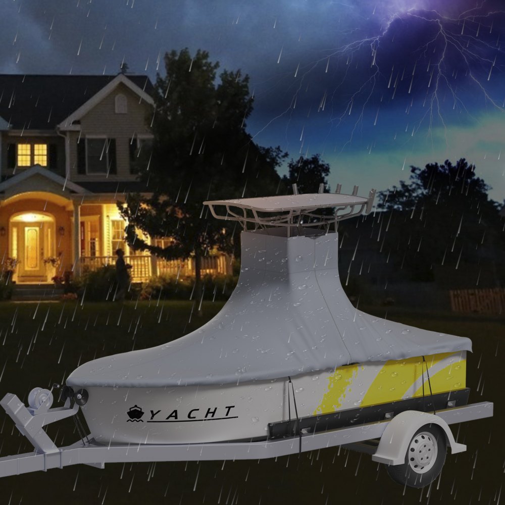 VEVOR T-Top Boat Cover, Fit for 16\'-18.5\' Boat, Heavy Duty 600D Marine Grade Oxford Hard Top Cover, UV Resistant Waterproof Center Console Boat Cover w/ 2 Support Poles and 5 Wind-Proof Straps, Gray