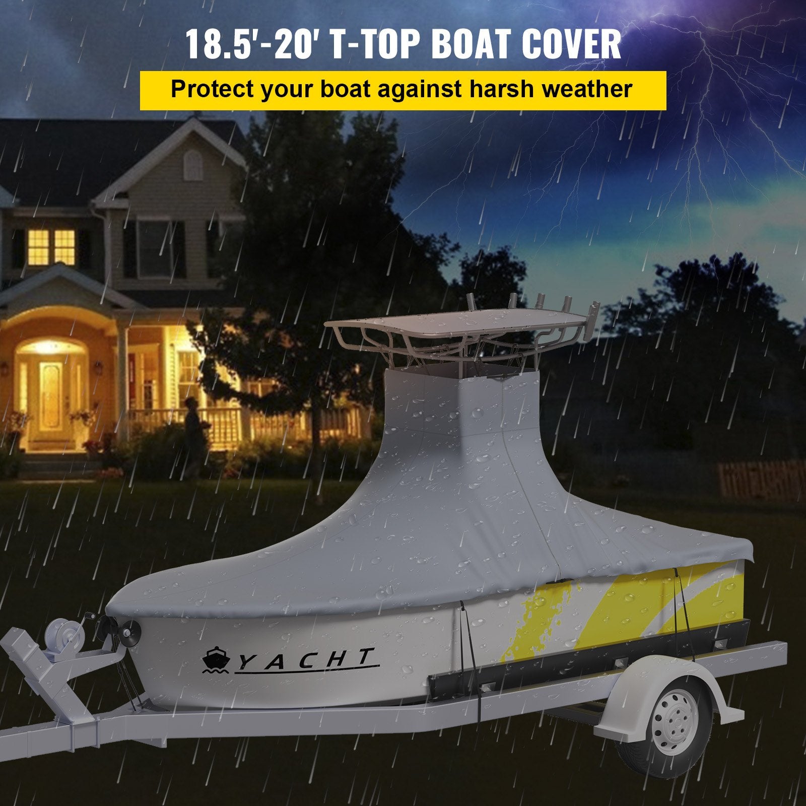 Durable 600D Marine Oxford T-Top Boat Cover, 18.5'-20' Center Console, UV Resistant, Waterproof, 2 Poles, 5 Reinforced Wind Straps, Gray