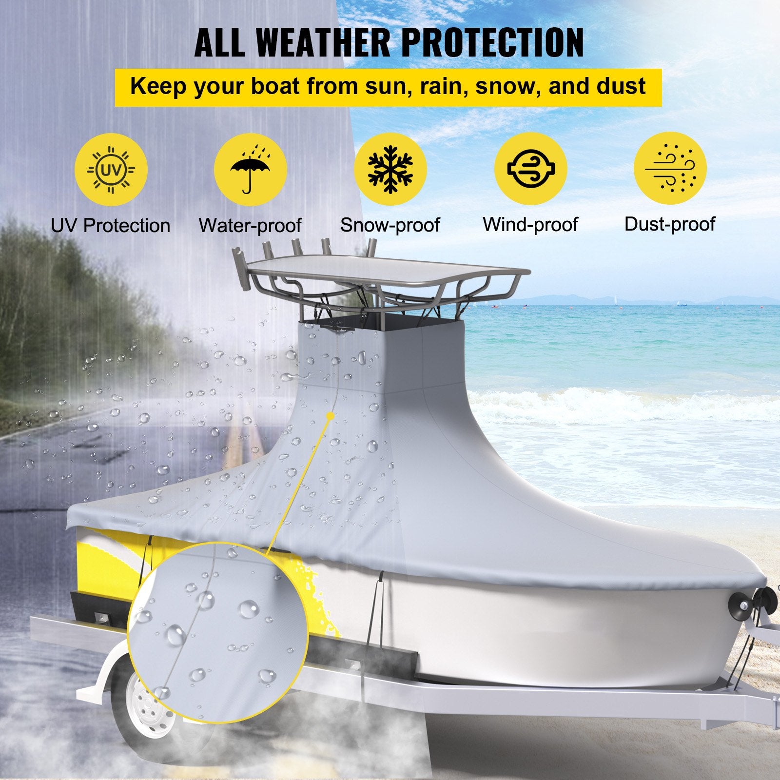 Durable 600D Marine Oxford T-Top Boat Cover, 18.5'-20' Center Console, UV Resistant, Waterproof, 2 Poles, 5 Reinforced Wind Straps, Gray