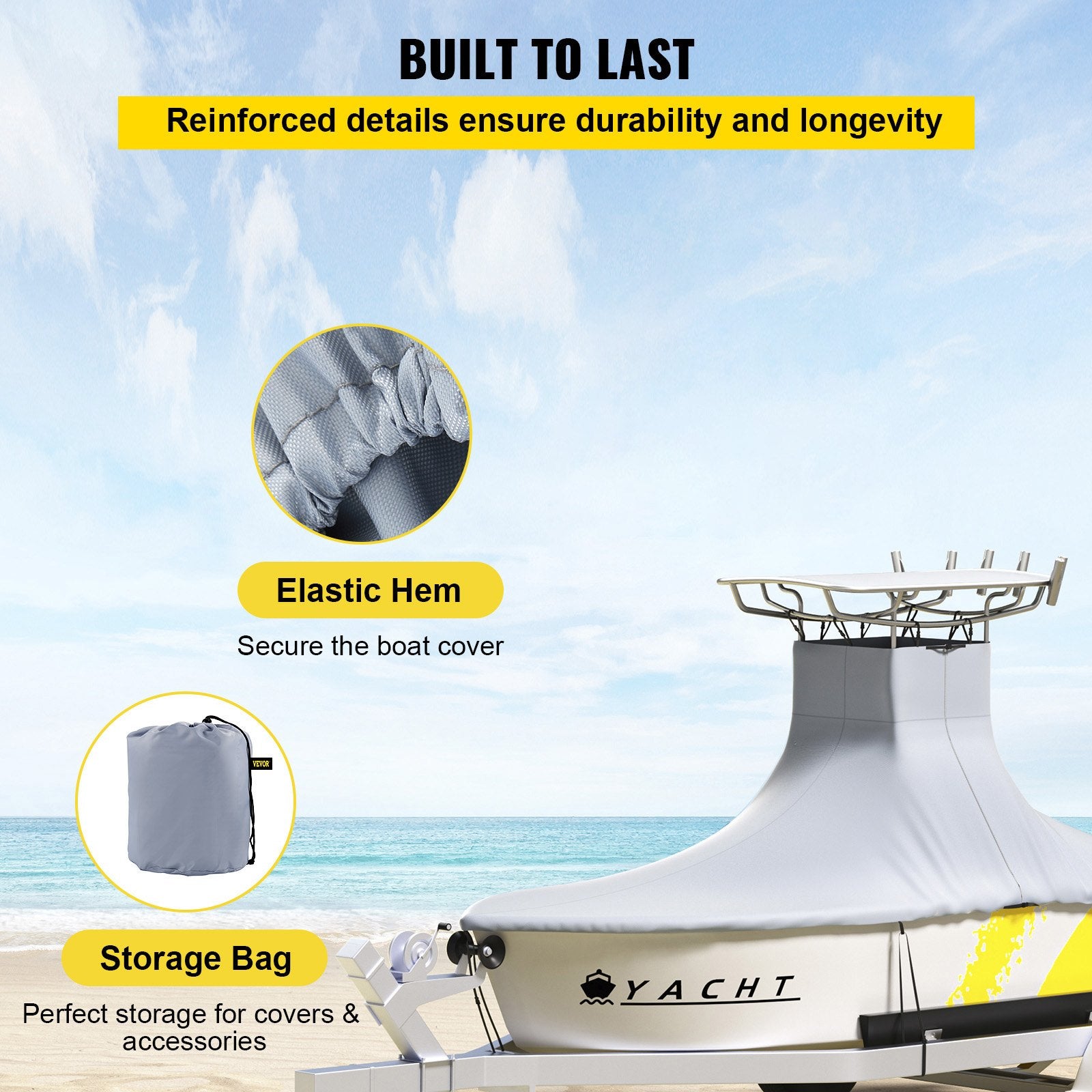 Durable 600D Marine Oxford T-Top Boat Cover, 18.5'-20' Center Console, UV Resistant, Waterproof, 2 Poles, 5 Reinforced Wind Straps, Gray