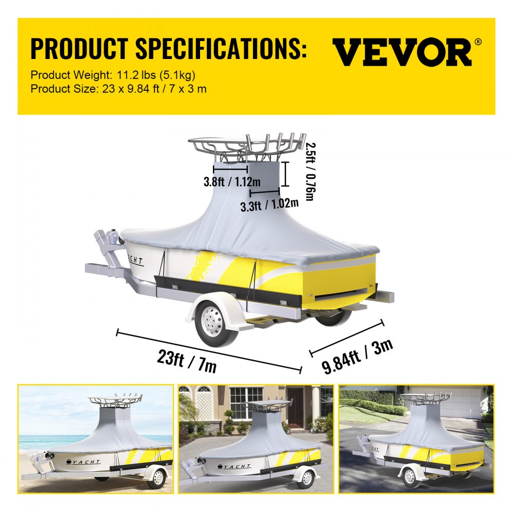 VEVOR T-Top Boat Cover, Fit for 20\'-22\' Boat, Heavy Duty 600D Marine Grade Oxford Hard Top Cover, UV Resistant Waterproof Center Console Boat Cover w/ 2 Support Poles and 7?Wind-Proof Straps, Gray